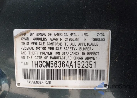 2004 Honda Accord 2.4 Lx z USA, uszkodzony, nr VIN 1HGCM56364A152351